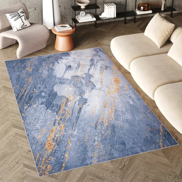 Tapiso Flannel Printed Vloerkleed Blauw Modern Woonkamer Antislip Wasbaar Tapijt Maat- 120x170 Blauw Goudkleur 2