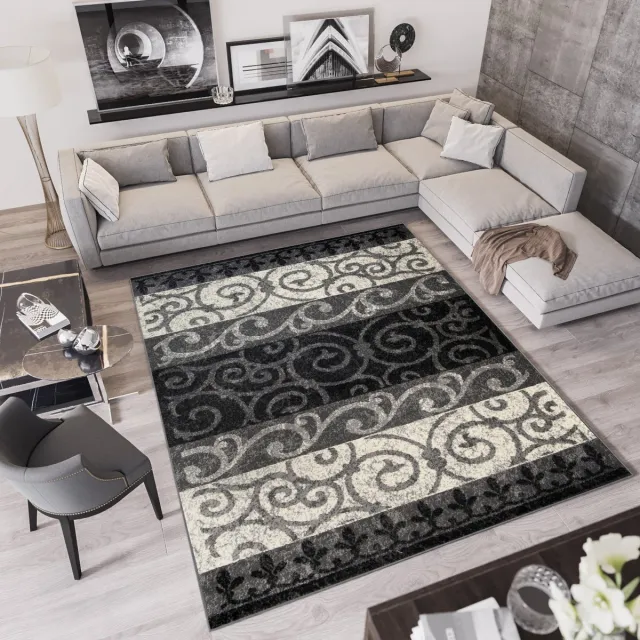 Tapiso Qmega Vloerkleed Gebloemd Modern Woonkamer Tapijt Zwart Grijs2