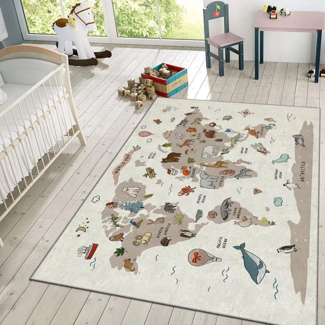 Zeo Wood Vloerkleed Kinderkamer - Speelkleed Baby - Speelmat - Speeltapijt - Tapijt voor Kinderkamer - 150*80 cm - Wereldkaart