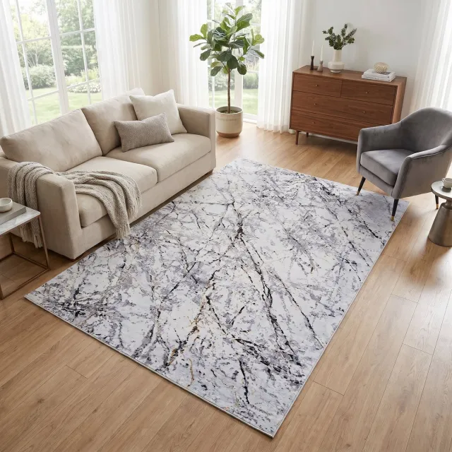 Tapiso Venezia Vloerkleed Woonkamer Laagpolig Grijs Zwart Marmereffect Modern Antislip Tapijt Slaapkamer Eetkamer Gang Oeko-Tex