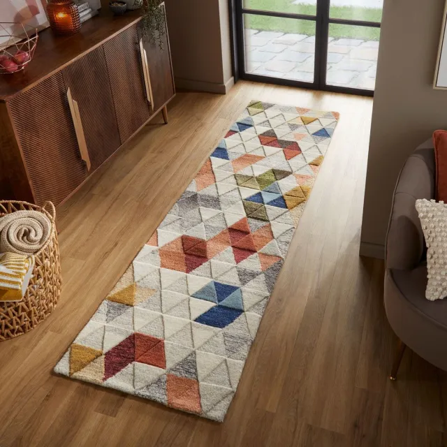 flycarpets Loper Amari Modern Laagpolig - 100% Wol - Driehoek Design Vloerkleed - Naturel / Multi Roze