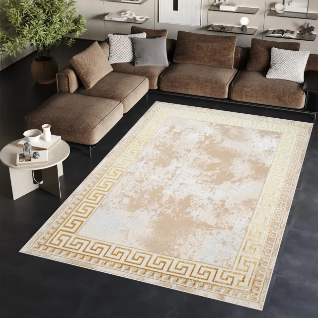 Tapiso Ares Vloerkleed Beige Frame Laagpolig Oriental Woonkamer Tapijt Goud