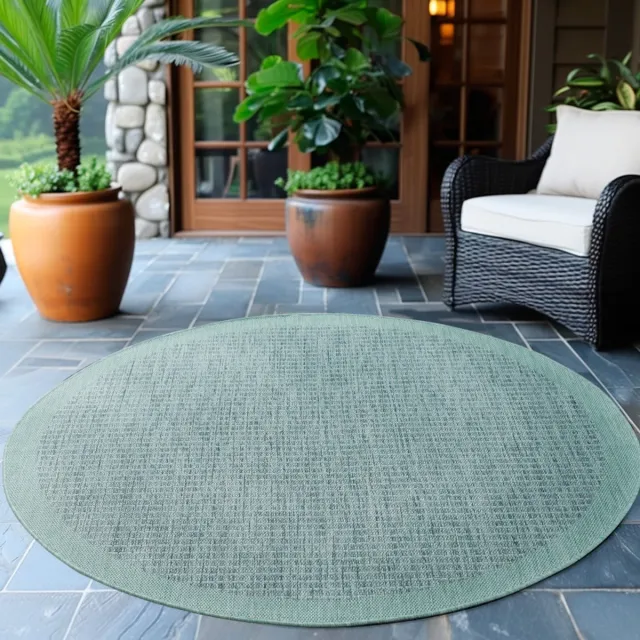 Giza Vloerkleed – Blauw met Kader – Laagpolig & Modern – Voor Binnen & Buiten – 200x200 cm rond
