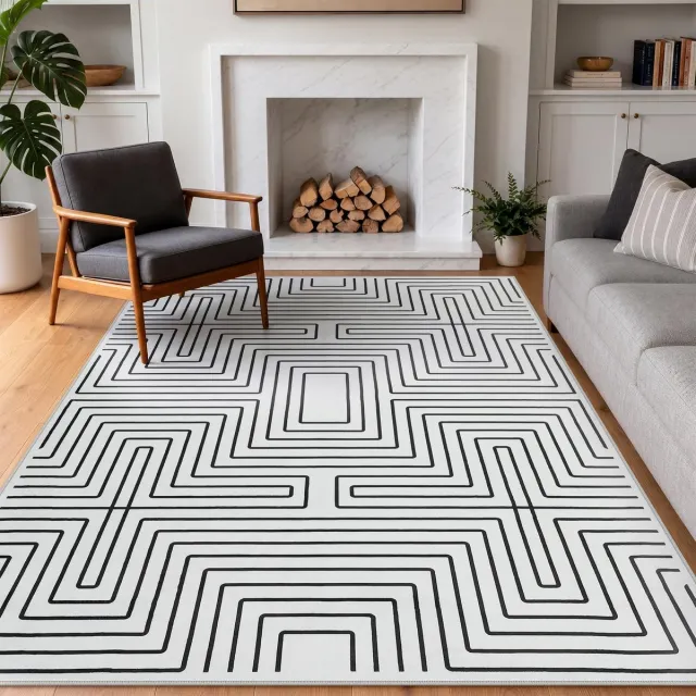 Little Trees LITTLE TREE Wasbaar platgeweven vloerkleed - 200 × 300 cm - Abstract zwart-wit geometrisch - Antislip Oeko-TEX - Voor woonkamer en kantoor - Zwart-wit