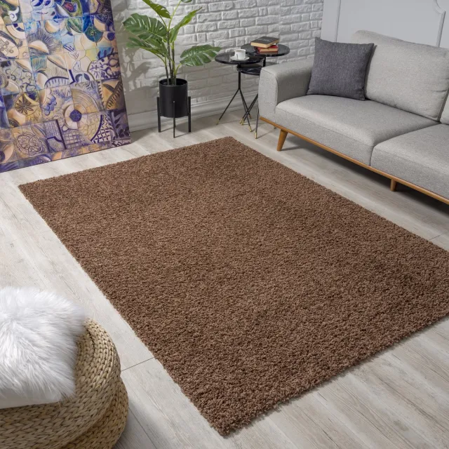 Muratap Loca Shaggy Vloerkleed – Modern Uni Effen – Bruin Hoogpolig & Zacht- 200x290 CM