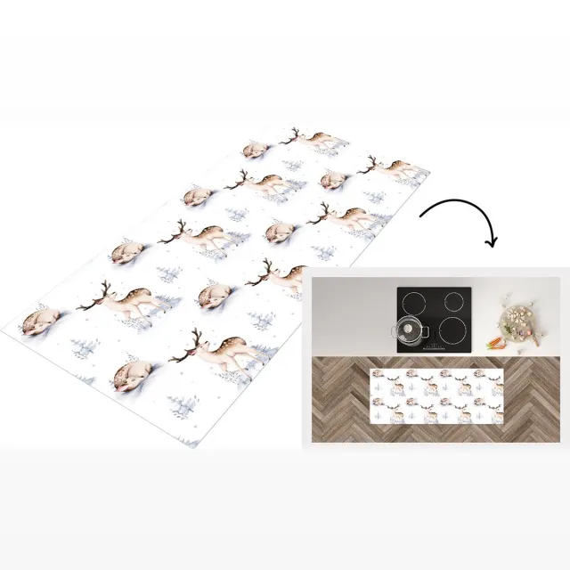 KitchenYeah Keukenloper - Loper keuken - Winter - Hert - Patroon - Wit - Keukenloper vinyl Multicolor