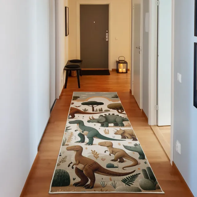 ABAKUHAUS Vloerkleed - Woonkamer Tapijt – dinosaurusmotief – 76 x 229 cm – gember olijfgroen Gember-Olijfgroen