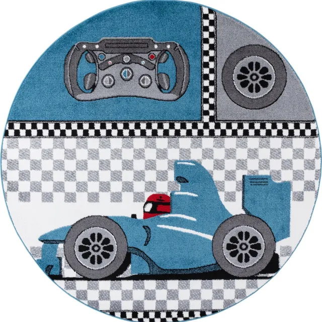 flycarpets Flycarpets - Kids Kinderkamer Raceauto Blauw Vloerkleed Rond Turquoise