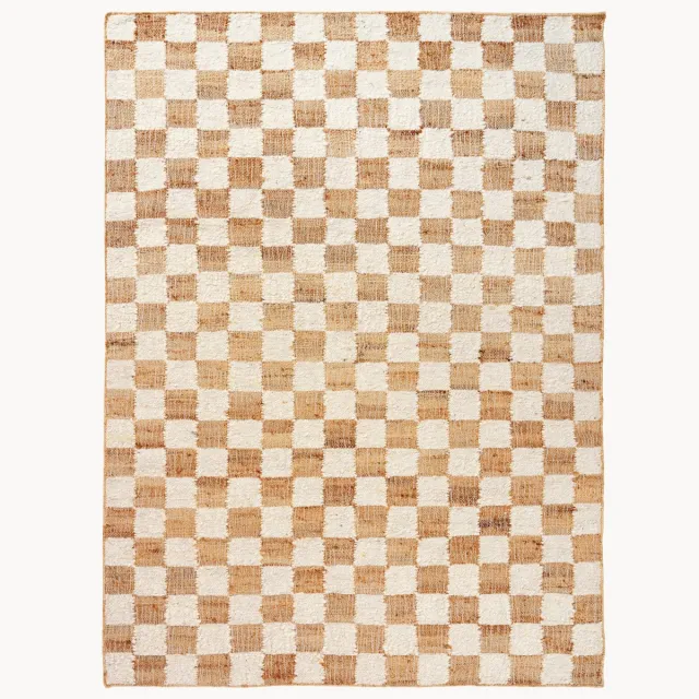 Ferm Living Handgeweven laagpolig wollen vloerkleed Check Beige