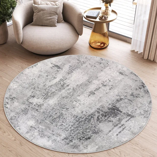 Tapiso Sky Rond Vloerkleed Hoogpolig Lichtgrijs Shaggy Woonkamer Tapijt Maat- 100x100 Grijs Abstract 1