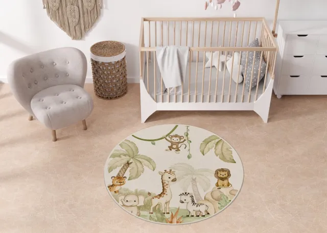 Kikki Belle Vloerkleed Savannah Joy Oliver Robins-kinderkamer-jungle-giraf-zebra-aapje-olifant-leeuw natuurlijke tinten