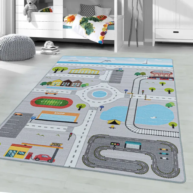 Muratap Play Vloerkleed Kinderkamer Verkeer Laagpolig Grijs- 120x170 CM