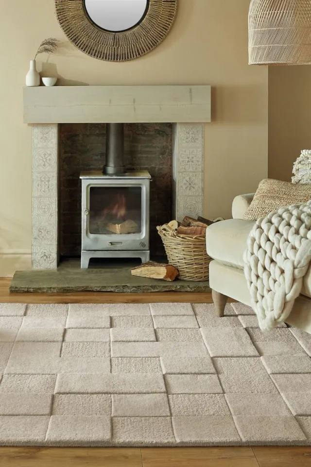 flycarpets Checkerboard Modern Laagpolig - 100% Wol Vloerkleed - Naturel / Beige Creme