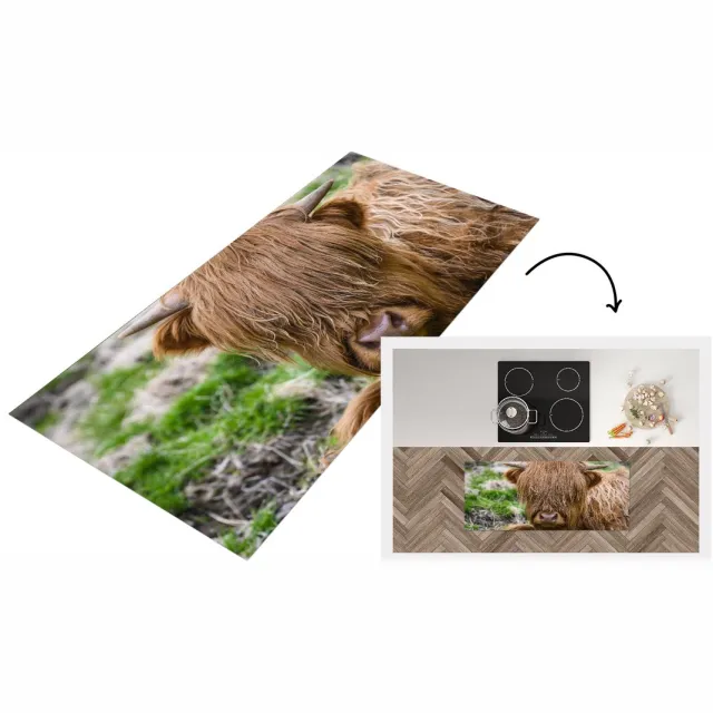 KitchenYeah Keukenloper - Loper keuken - Schotse Hooglander - Hooi - Gras - Keukenloper vinyl Multicolor