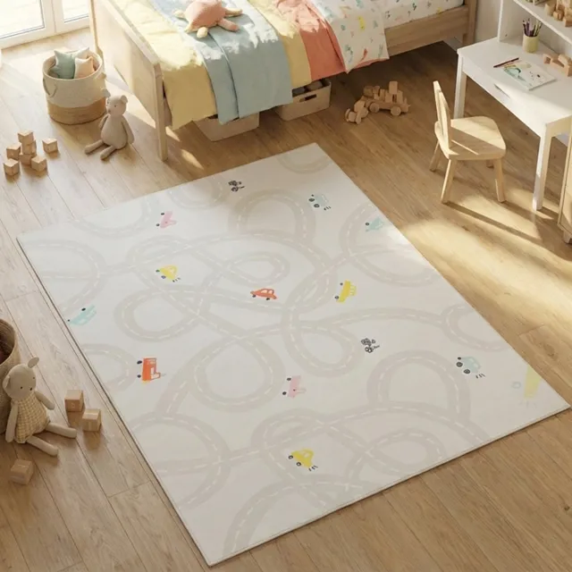 Tapiso Snooki Kindervloerkleed Speelkleed met Automotief voor Kinderkamer Beige Kindertapijt Antislip Kortpolig & Zacht OEKO-TEX 80x150