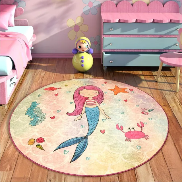 Bosdela kindervloerkleed en babyvloerkleed zeemeermin - design rond Ø140 cm, antislip en zacht, ideaal voor kinderkamers, speelkamers en kruipmatten mix