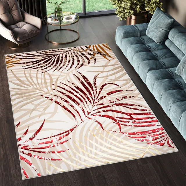 Tapiso Golden Vloerkleed Beige Rood Bladeren Modern Tapijt