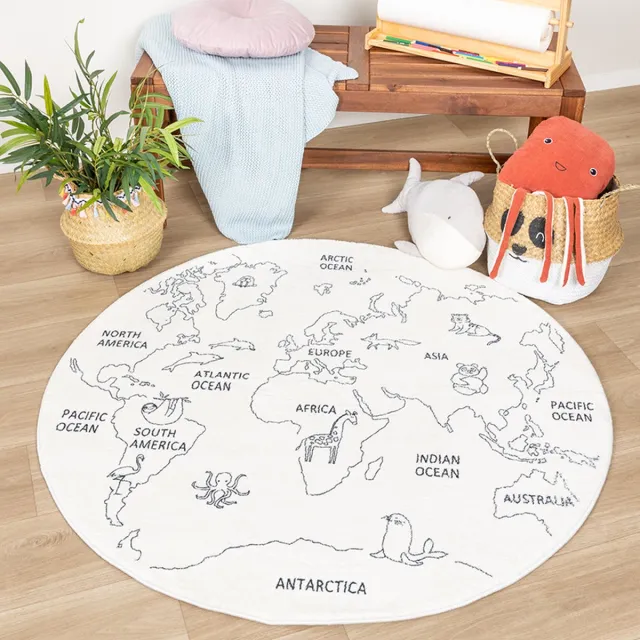 Little Olly Rond kindervloerkleed - Globe Crème | Werelds plezier! - Ø 120cm