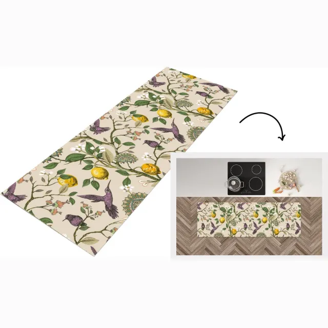 KitchenYeah Keukenloper - Loper keuken - Patroon - Vogel - Planten - Fruit - 150x50 cm - Keukenloper vinyl Multicolor