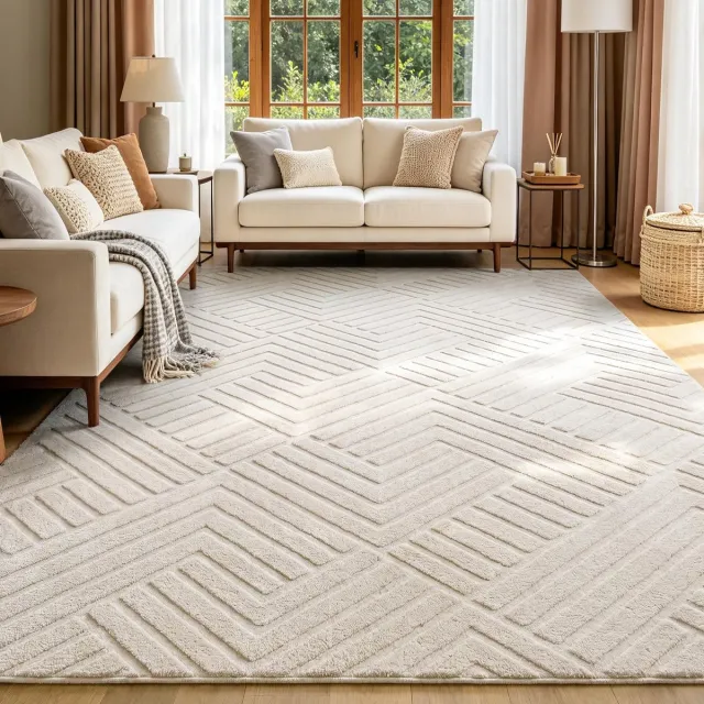 Famanu Wasbaar vloerkleed voor de woonkamer, 200 x 300 cm, groot en modern, zacht laagpolig tapijt, antislip geometrisch ontwerp in crème