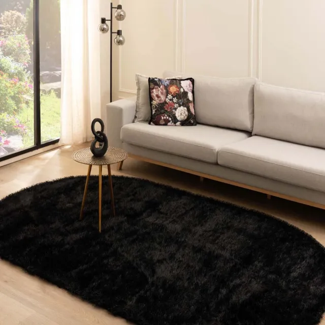 Tapeso Velvet vloerkleed ovaal - Posh zwart 120x180