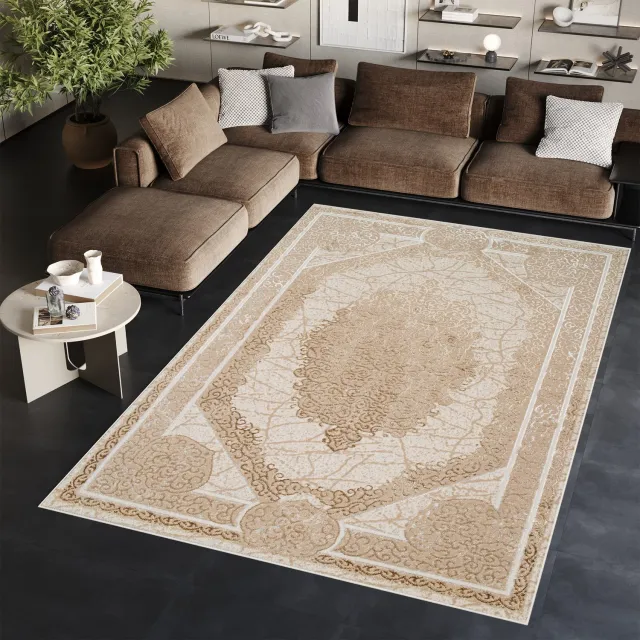 Tapiso Ares Vloerkleed Beige Laagpolig Woonkamer Oriental Tapijt Maat- 80x150 Bruin