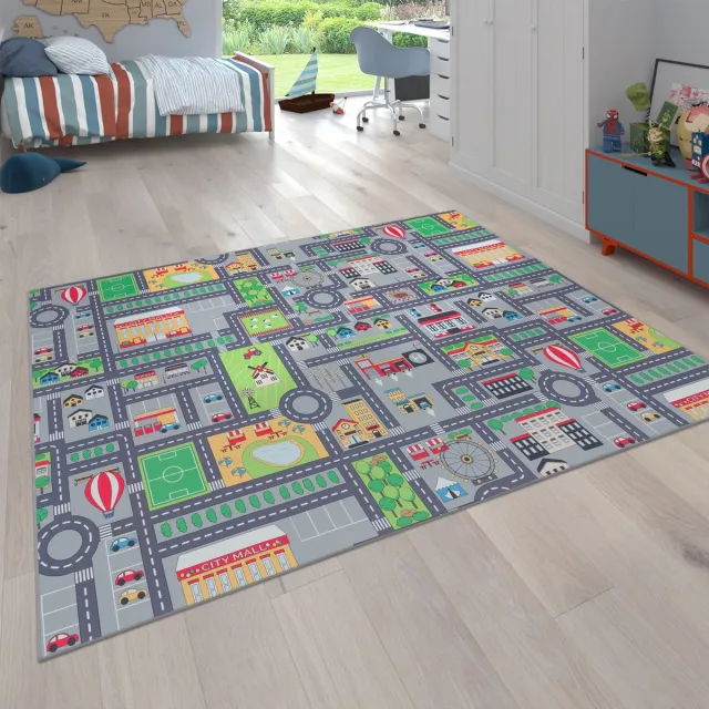 flycarpets Binola Kindervloerkleed Grijs / Kleurrijk - Auto Speelkleed / Speelmat Stad - Laagpolig Vloerkleed Kinderkamer