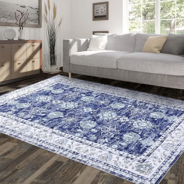 Triumpunpre Vintage Vloerkleed - Wasbaar Antislip Medaillon Motief - Marineblauw - 120x170 cm