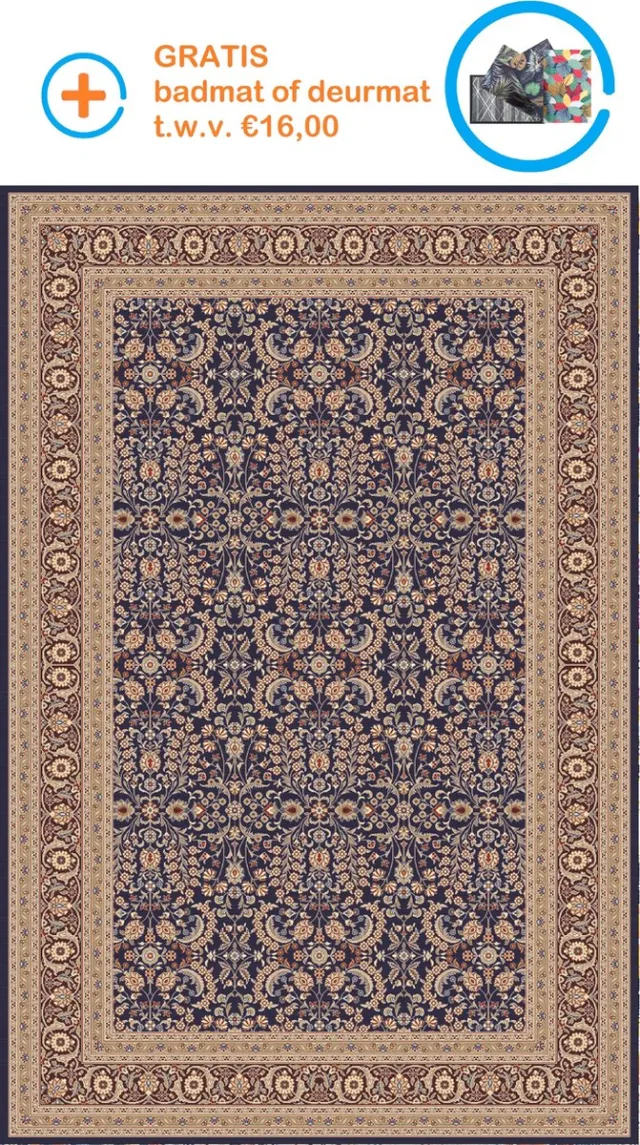 FOTAPIJT Tabris 10004 - Gebloemd - Wasbaar - Bedrukt tapijt - Vloerkleed - Antislip - 160x230 cm - 9 mm - Polyester Donkerblauw