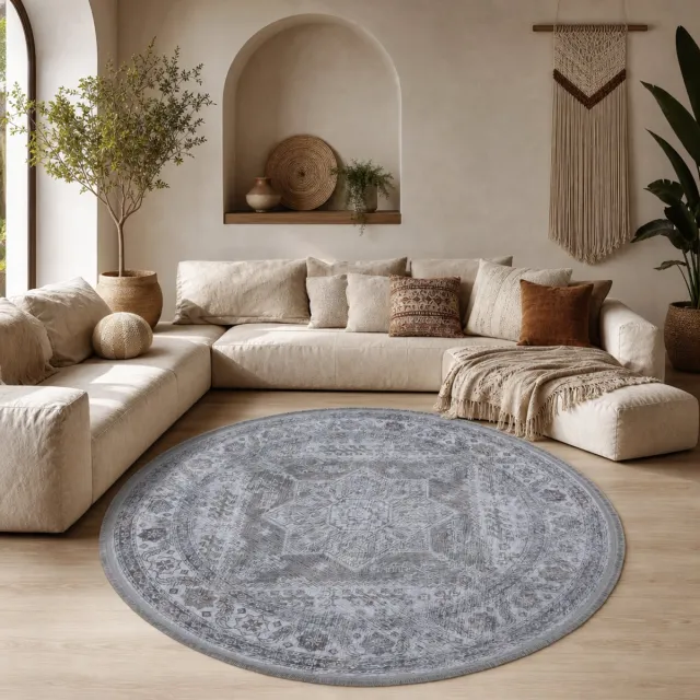Muratap Star Rond Vintage Vloerkleed Wasbaar Grijs Beige- 200 CM Ø