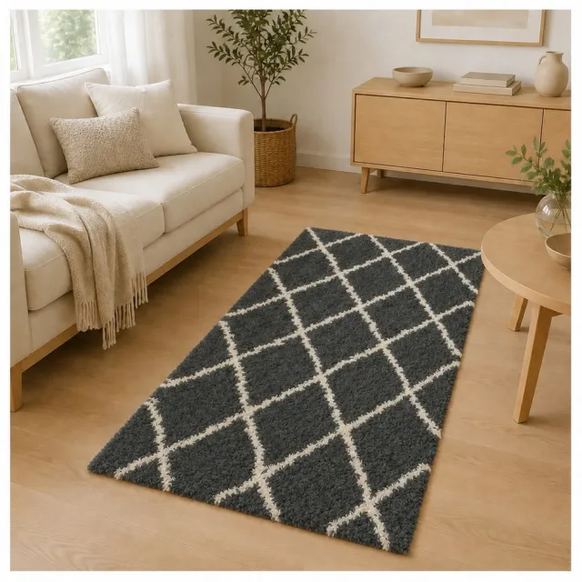 La Sheba Shaggy Wasbaar Hoogpolig Vloerkleed – Antraciet/Wit – Geometrisch Ruitpatroon – 120 x 170 cm