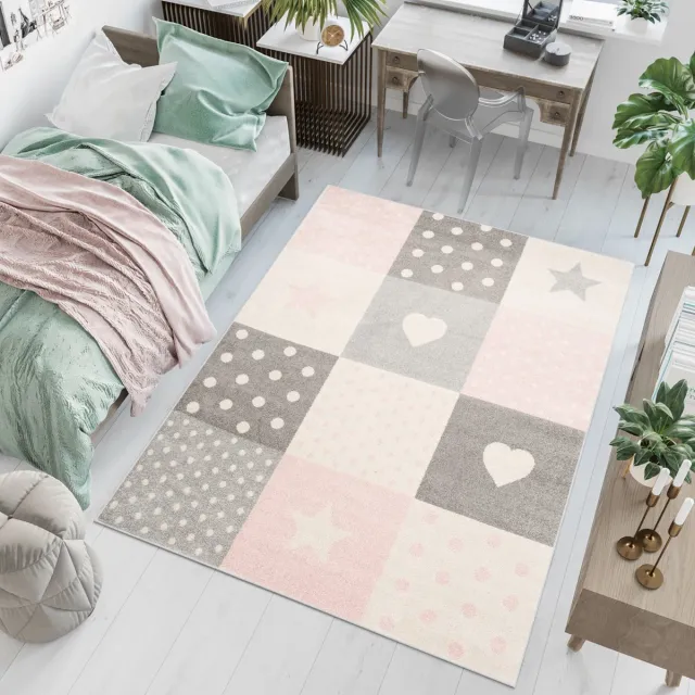 Tapiso Lazur Vloerkleed Beige Roze Tiener Kinderkamer Tapijt Grijs Roze 3