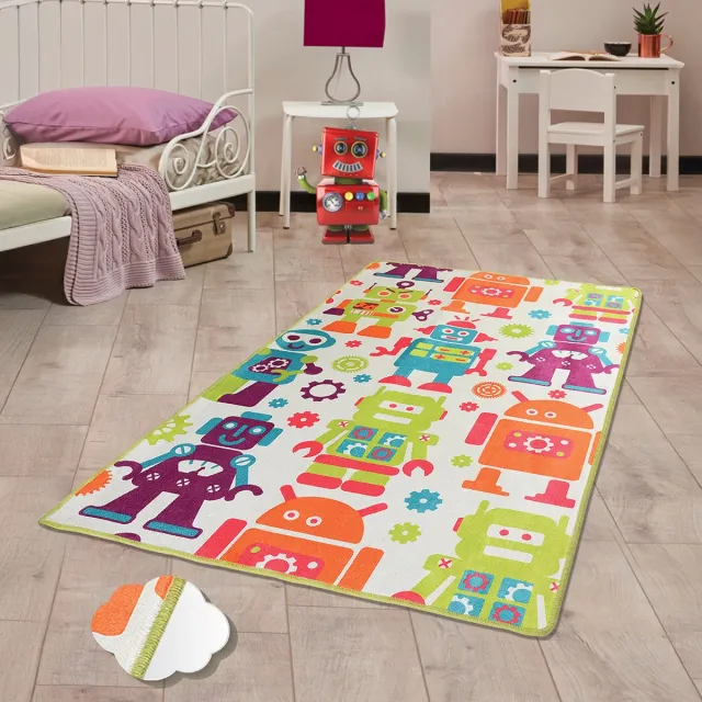 Bosdela Kinder- en Babykleed Wasbaar vloerkleed voor kinder- en babykamers, 100x160 cm, zacht, met robotpatroon, ideaal voor speelkamers en verschoonruimtes. oranje blauw groen