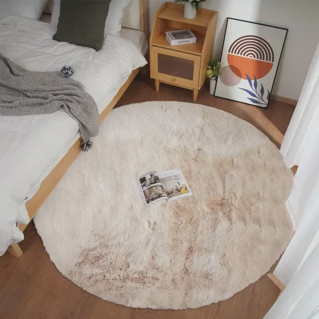 Ghouse Rond beige shaggy pluche tapijt 180x180cm - Antislip en wasbaar vloerkleed voor woonkamer en slaapkamer
