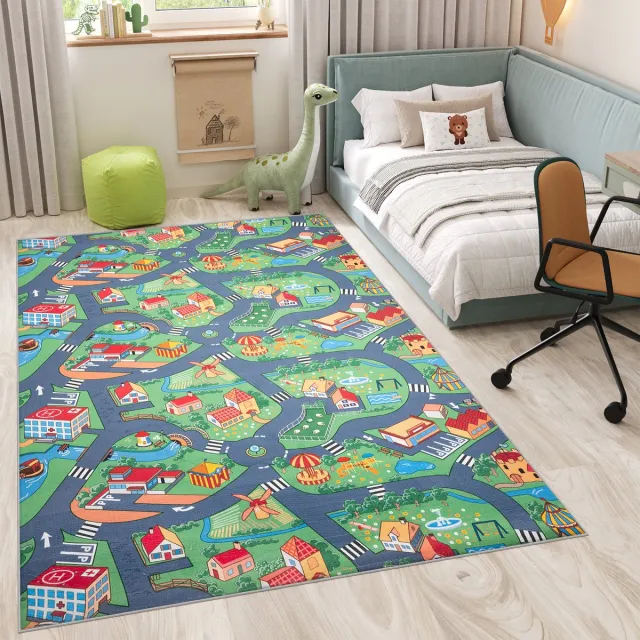 Tapiso Flannel Printed Kindertapijt Antislip Stad Kinderkamer Vloerkleed Maat- 120x170 Grijs Groen