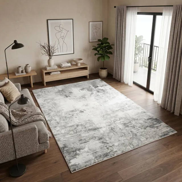 Tapiso Bari Vloerkleed Abstract Verweerd Patroon Antislip Tapijt Woonkamer Slaapkamer Donkergrijs Crème Modern Design Oeko-Tex