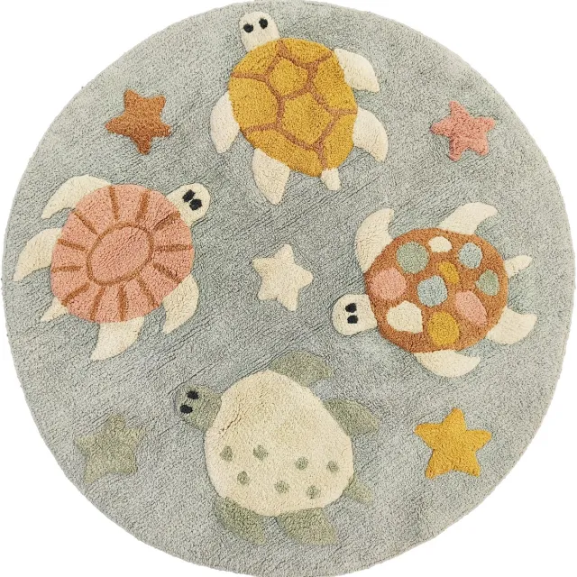 Mats & Joy Rond Schildpadjes Vloerkleed Kinderkamer Ø 110 cm - 100% katoen - ca. 1500 g/m² - Wasbaar - Zacht Tapijt Kinderkamer - Vloerkleed Babykamer Blauw