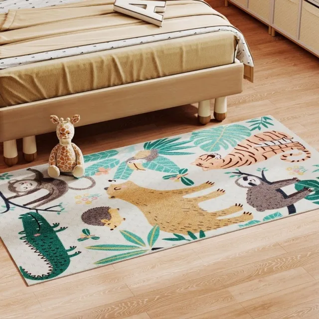 MIVRAY Vloerkleed – Zacht Sherpa-Comfort – 150 x 80 cm – Polyester – Crèmewit Multicolor – Antislip voor Slaapkamer en Hal – Jungledierenmotief
