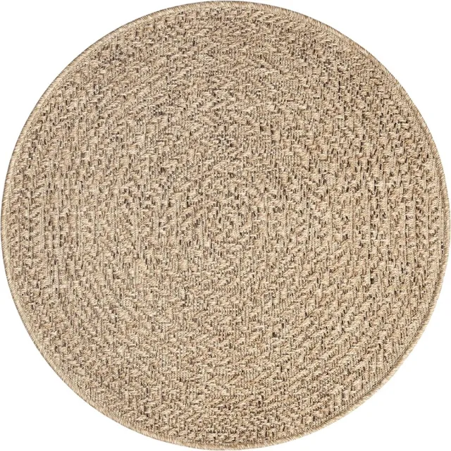 the carpet Kansas – Weerbestendig Indoor & Outdoor Vloerkleed met Cirkelpatroon – Naturel – Rond 120 cm naturel met cirkelvormig visgraatpatroon