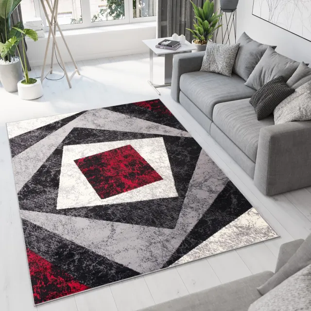 Tapiso Dream Vloerkleed Grijs Rood Modern Geometrisch Woonkamer Tapijt Zwart