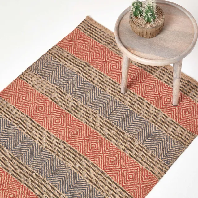 Homescapes Handgeweven zwart rood jute vloerkleed met geometrisch patroon 66 x 200 cm Rood / Blauw / Naturel