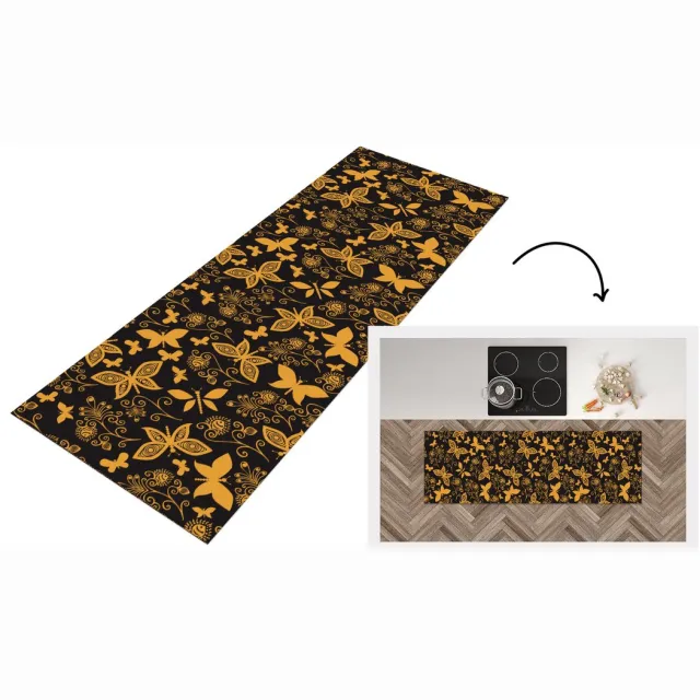 KitchenYeah Keukenloper - Loper keuken - Bloemen - Vlinder - Goud - Patroon - 180x60 cm - Keukenloper vinyl Multicolor