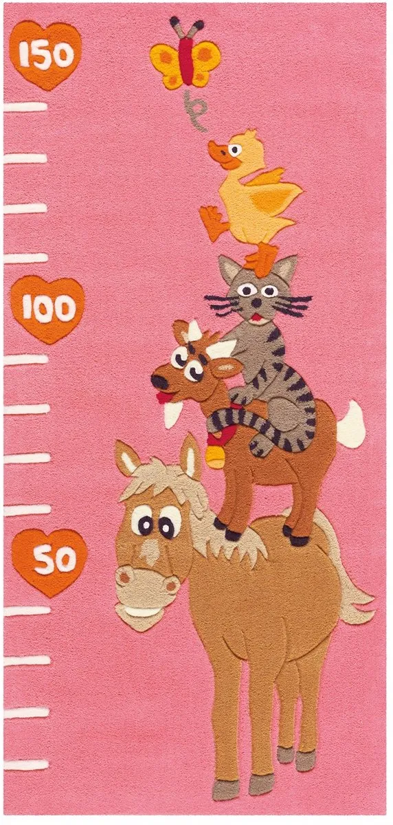 Padiro speels kindervloerkleed - oudroze - speels effen ontwerp - met dierenmotief en meetlat - voor vloerverwarming - van modacryl, polyester en katoen