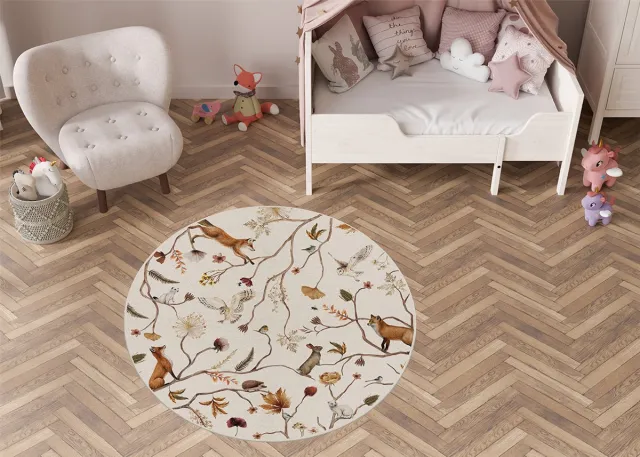 Kikki Belle Vloerkleed Playful Forest Kikki Belle-kinderkamer-vosje-konijn-uil-kinderkameraccessoires-stoffen kleed-rond-100cm bruin/wit