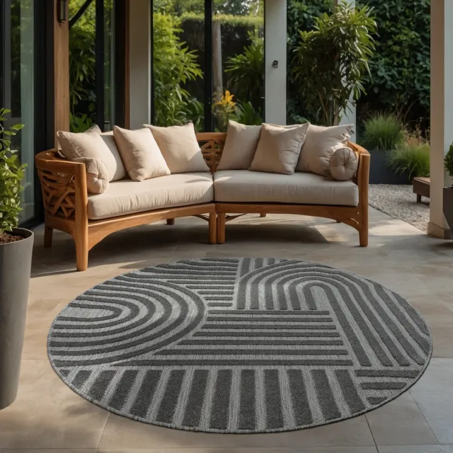 Muratap Berlin Outdoor - Japandi - Rond - Grijs - Vloerkleed Binnen en Buiten - Laagpolig Tapijt Tuin- 200 CM ROND