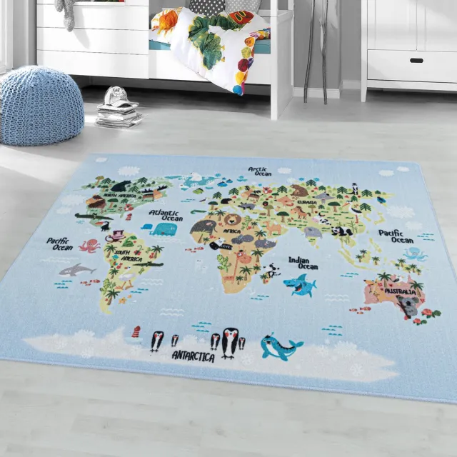 Adana Carpets Kinderkleed, wereldkaart met dierenmotief, blauw, kleed voor kinderkamer, latex achterkant, afmeting: 160 cm x 230 cm