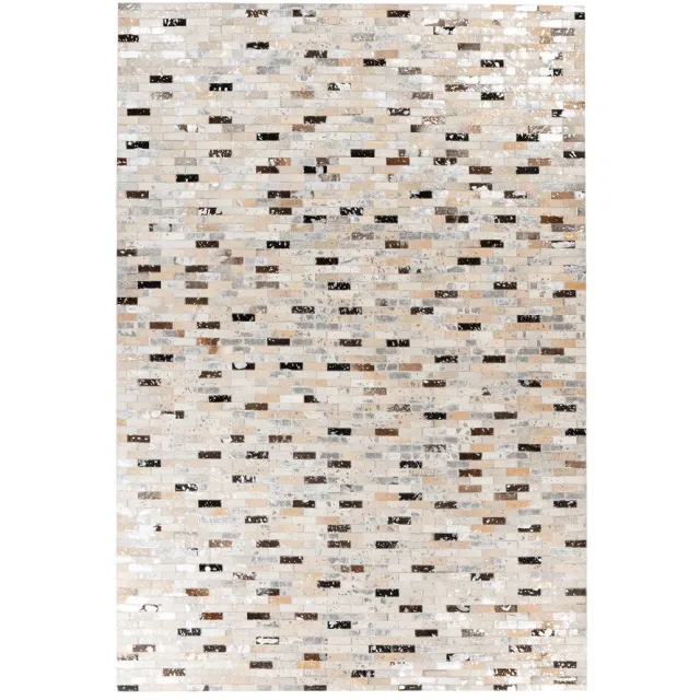 Padiro leren designvloerkleed - crème / offwhite - modern patchworkontwerp - met kleine rechthoeken - mozaïekstijl - voor vloerverwarming - handgenaaid - van leer beige