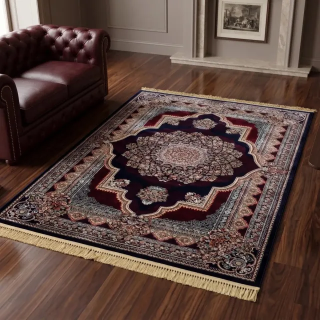 flycarpets Isfahan Klassiek Oosters Medaillon Vloerkleed - Blauw / Rood - 300x400 cm