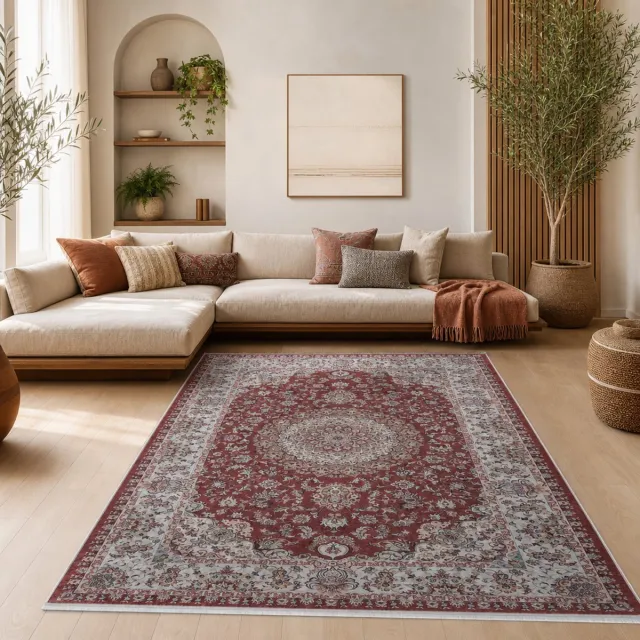 Muratap Star Klassiek Oosters Vloerkleed Wasbaar Anti Slip Rood Creme- 200x290 CM, foto 2