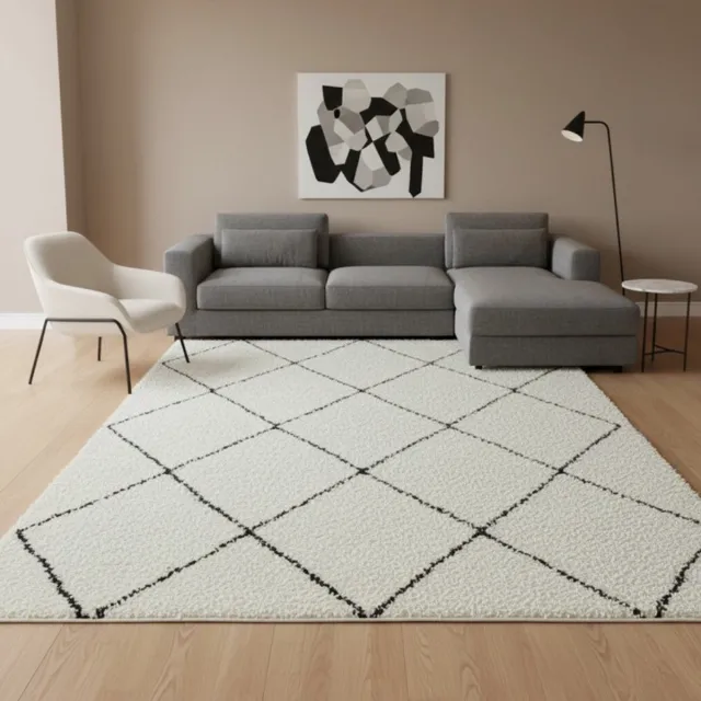 TapisTrend Harig tapijt Wit-Zwart 160x230 cm Hoogpolig vloerkleed met een groot ruitpatroon voor de woonkamer, slaapkamer en ontspanningsruimte